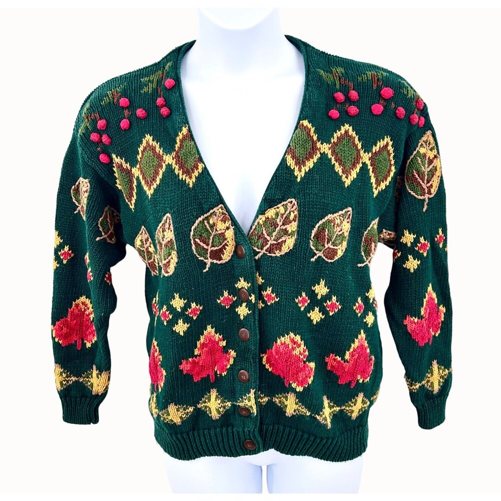 VTG Birch Bros.The Eagle's Eye Fall Chunky Knit Cardigan Sweater Leaves, Berries